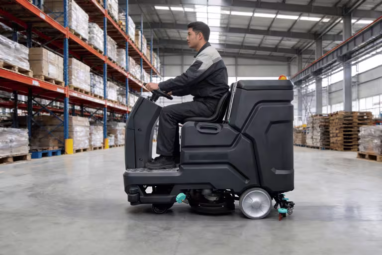 operator cleaning floor in busy warehouse with ride on scrubber operator cleaning floor in busy warehouse with ride on scrubber