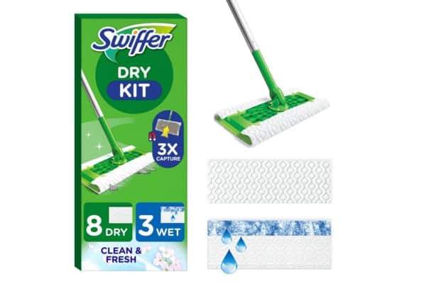 Swiffer Dust Catcher and Floor Scrubber, 1 Broom and 6 Microfibre Dry Cloths and 3 Wet Swiffer Dust Catcher and Floor Scrubber, 1 Broom and 6 Microfibre Dry Cloths and 3 Wet