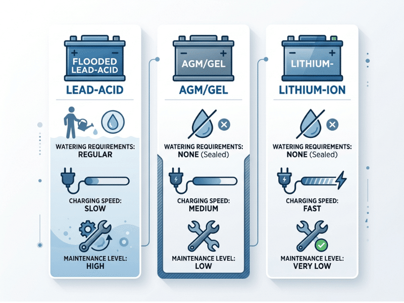Comparison infographic of flooded lead acid, AGM or gel, and lithium ion batteries for floor scrubbers Comparison infographic of flooded lead acid, AGM or gel, and lithium ion batteries for floor scrubbers