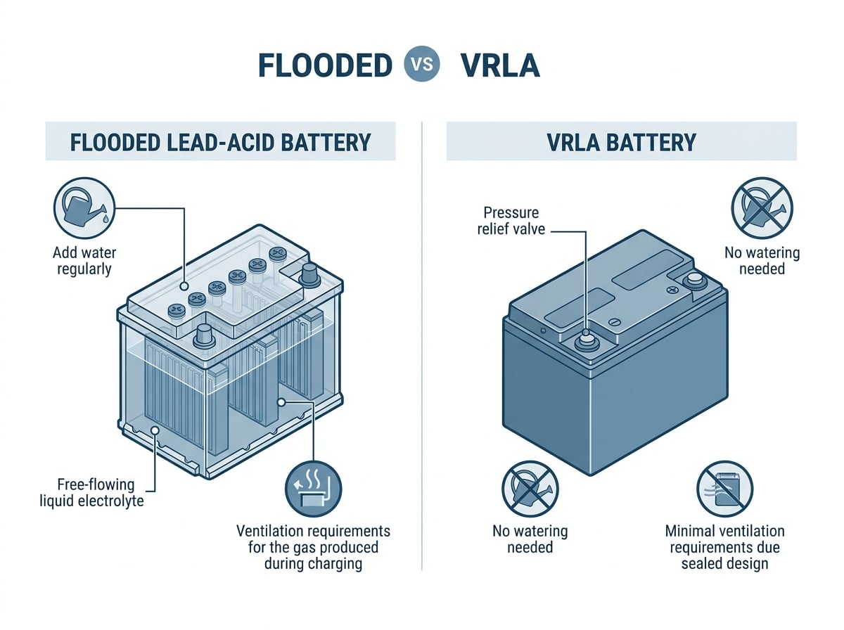 Comparison infographic of flooded lead acid batteries and sealed VRLA batteries Comparison infographic of flooded lead acid batteries and sealed VRLA batteries