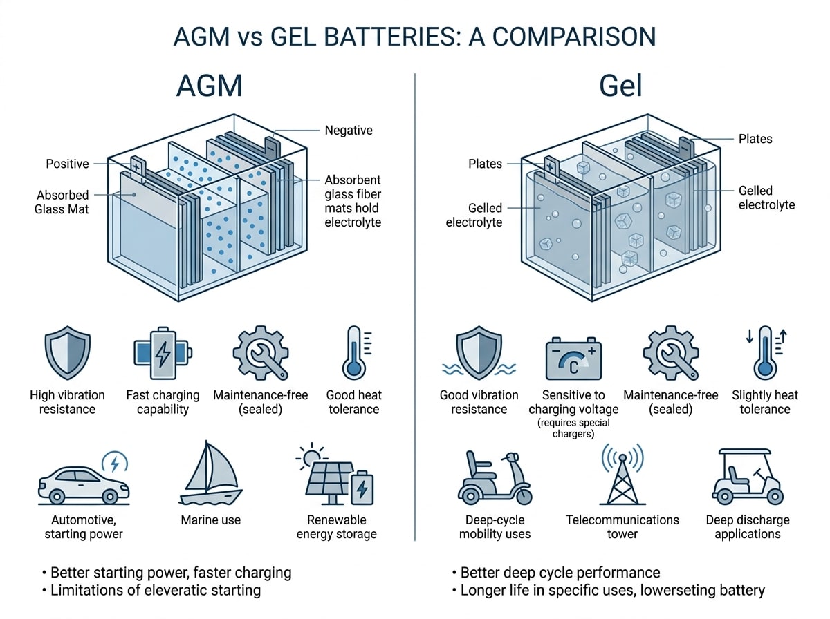 Comparison infographic showing AGM batteries and gel batteries with their main differences and applications Comparison infographic showing AGM batteries and gel batteries with their main differences and applications