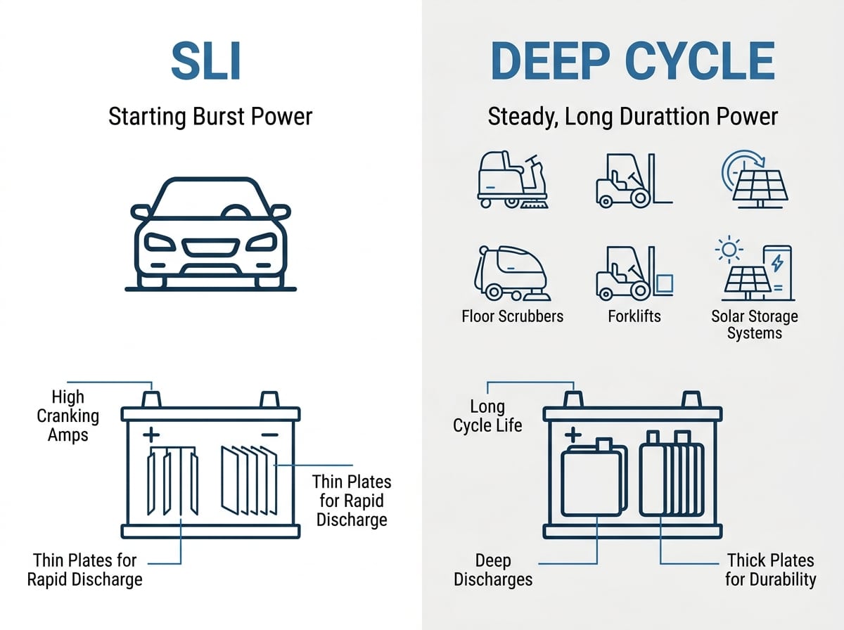 Comparison infographic showing differences between SLI batteries and deep cycle batteries Comparison infographic showing differences between SLI batteries and deep cycle batteries