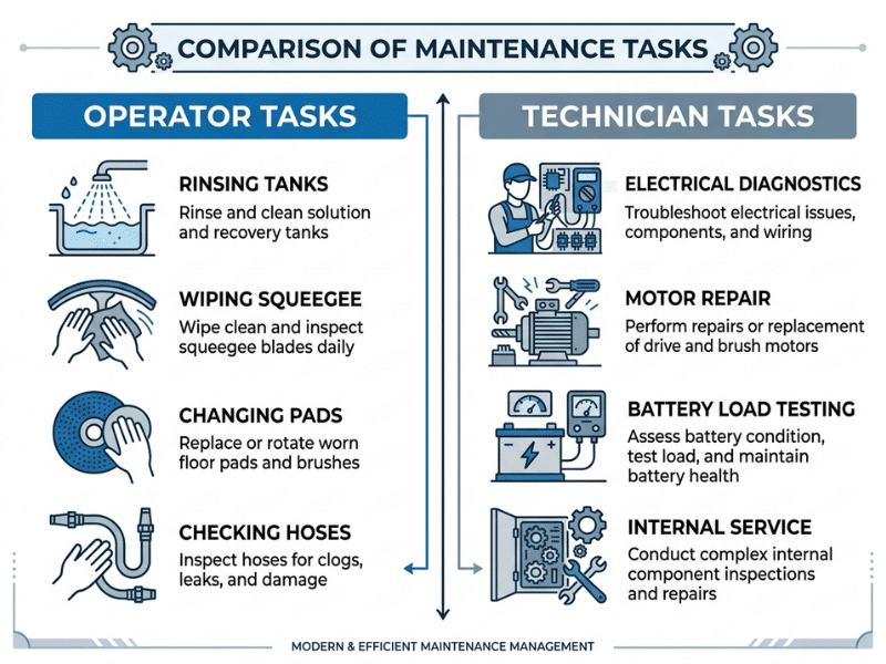 Comparison infographic showing operator maintenance tasks versus technician only floor scrubber service tasks Comparison infographic showing operator maintenance tasks versus technician only floor scrubber service tasks