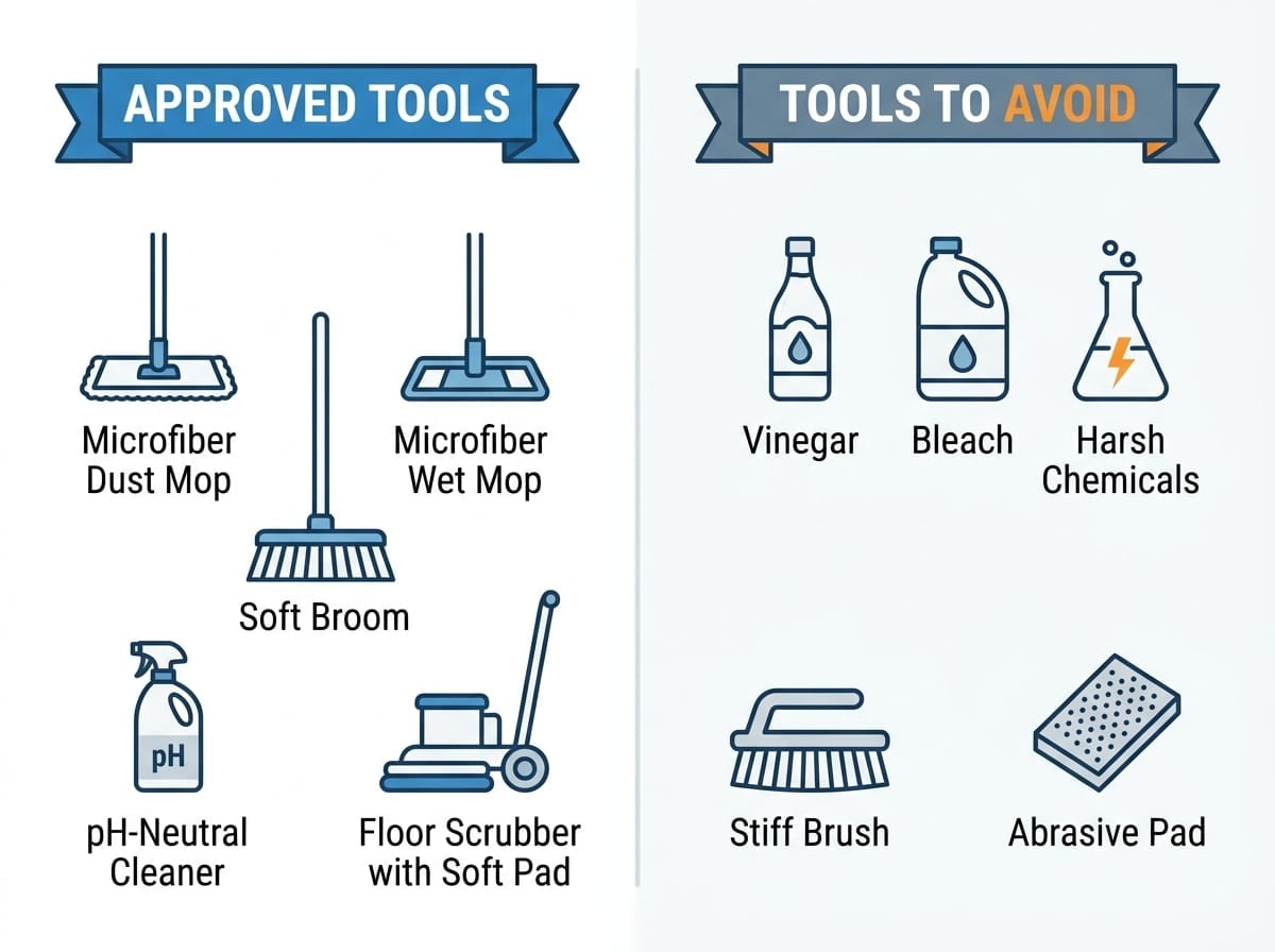 Comparison infographic showing the correct and incorrect tools for cleaning polished concrete floors Comparison infographic showing the correct and incorrect tools for cleaning polished concrete floors