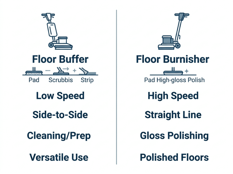 Comparison infographic showing the main differences between a floor buffer and a floor burnisher Comparison infographic showing the main differences between a floor buffer and a floor burnisher