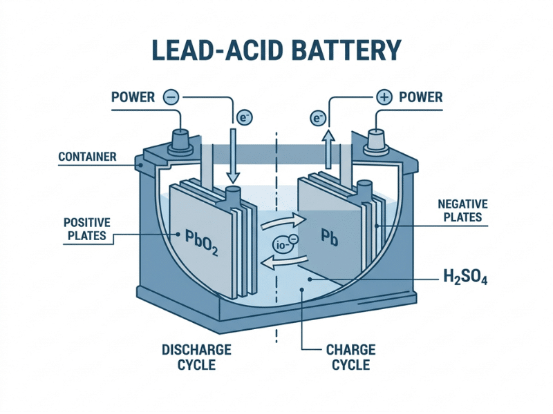Cutaway infographic showing the basic structure and charge discharge cycle of a lead acid battery Cutaway infographic showing the basic structure and charge discharge cycle of a lead acid battery