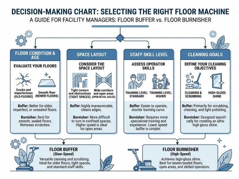 Decision infographic for choosing a floor buffer or burnisher based on floor type, facility size, and maintenance goals Decision infographic for choosing a floor buffer or burnisher based on floor type, facility size, and maintenance goals