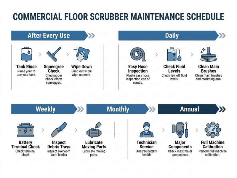 Floor scrubber maintenance schedule infographic with after use, daily, weekly, monthly, and annual tasks Floor scrubber maintenance schedule infographic with after use, daily, weekly, monthly, and annual tasks