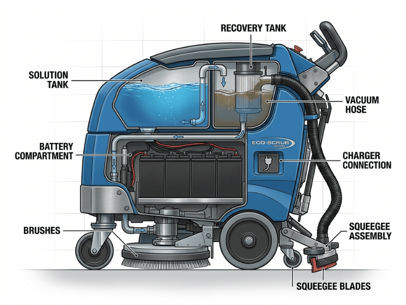Illustration of a floor scrubber highlighting tanks, squeegee, brushes, hose, battery, and charger Illustration of a floor scrubber highlighting tanks, squeegee, brushes, hose, battery, and charger