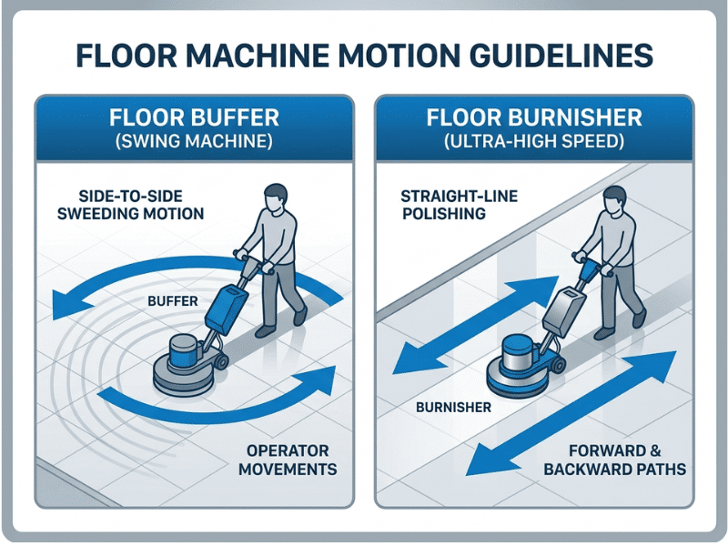 Illustration showing side to side floor buffer movement versus straight line floor burnisher movement Illustration showing side to side floor buffer movement versus straight line floor burnisher movement