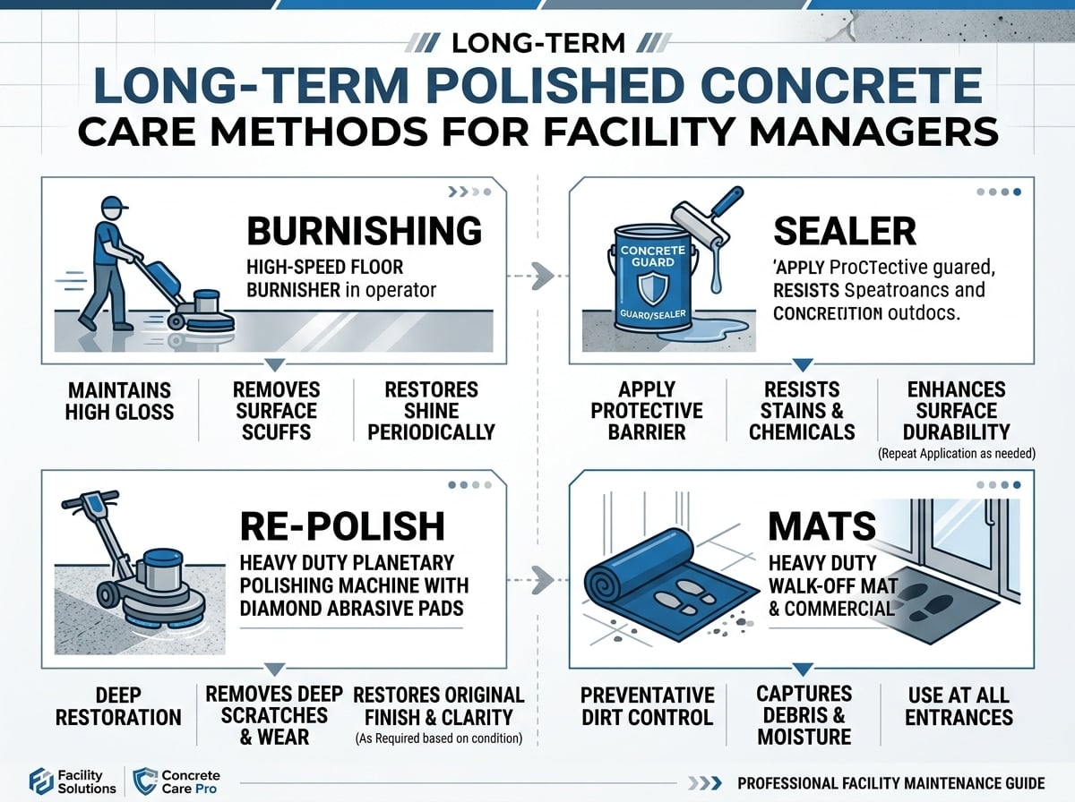 Infographic showing burnishing, protective treatment, re polishing, and entrance mats for polished concrete floor care Infographic showing burnishing, protective treatment, re polishing, and entrance mats for polished concrete floor care