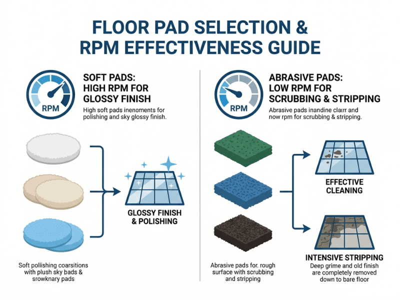 Infographic showing how pad type and RPM affect floor cleaning, stripping, and polishing results Infographic showing how pad type and RPM affect floor cleaning, stripping, and polishing results