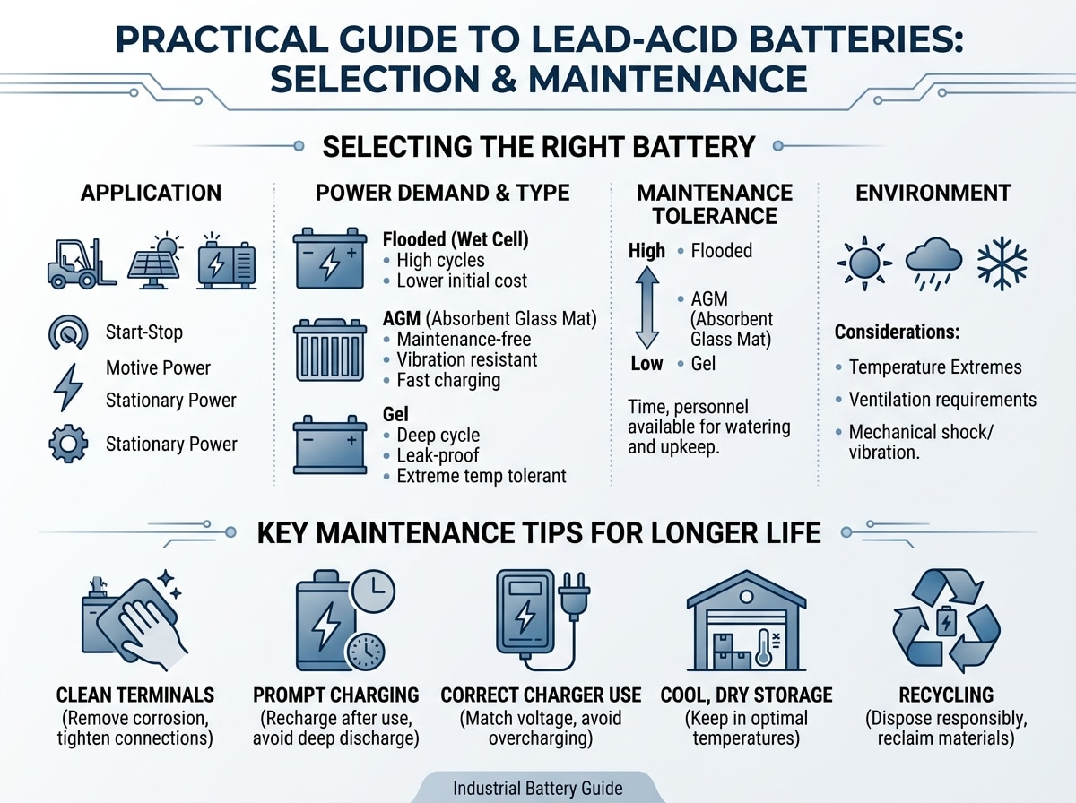 Infographic showing how to choose the right lead acid battery and maintain it properly Infographic showing how to choose the right lead acid battery and maintain it properly