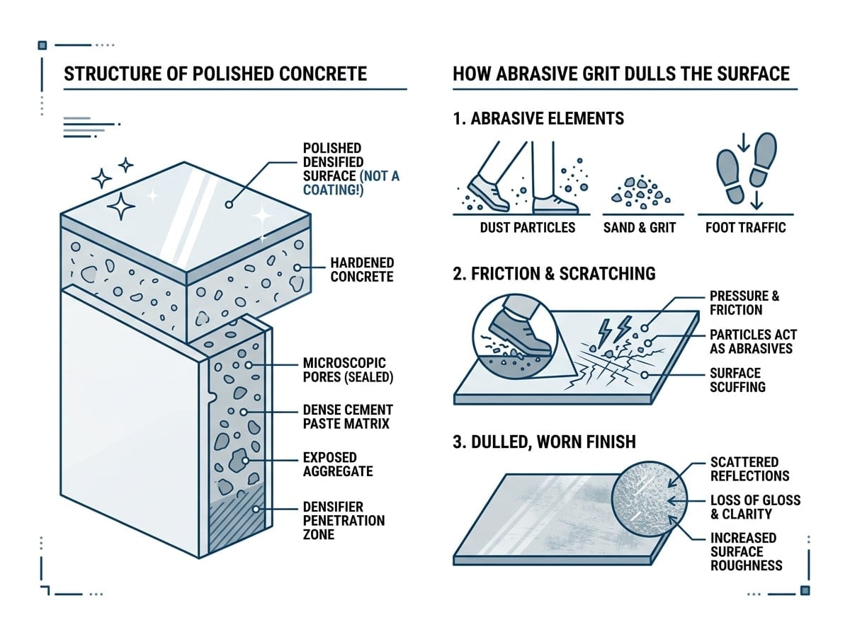 Infographic showing polished concrete structure and how grit and foot traffic dull the surface shine Infographic showing polished concrete structure and how grit and foot traffic dull the surface shine