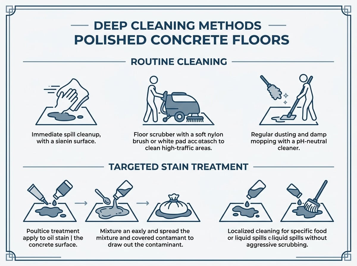 Infographic showing spill cleanup, scrubber deep cleaning, and oil stain poultice treatment for polished concrete Infographic showing spill cleanup, scrubber deep cleaning, and oil stain poultice treatment for polished concrete