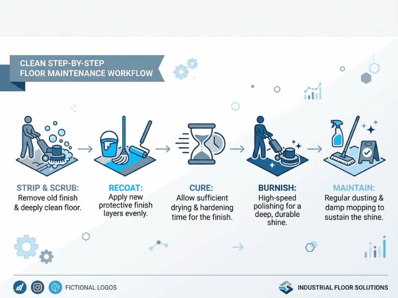 Step by step floor maintenance workflow showing buffer prep, recoating, curing, and burnishing Step by step floor maintenance workflow showing buffer prep, recoating, curing, and burnishing