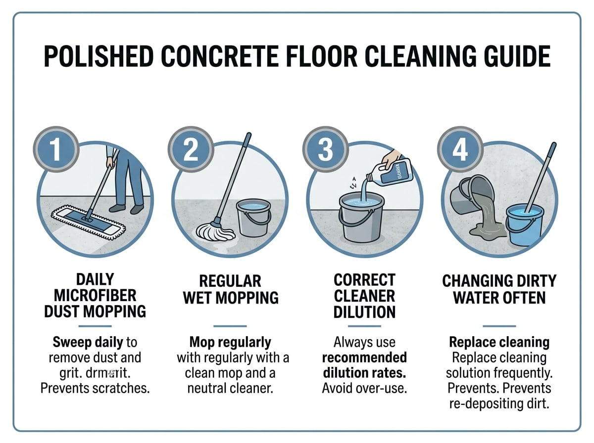 Step by step infographic showing daily and weekly cleaning routine for polished concrete floors Step by step infographic showing daily and weekly cleaning routine for polished concrete floors