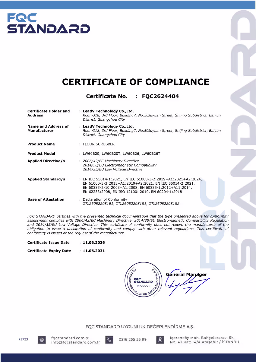 floor scrubber compliance certificate lw60b20