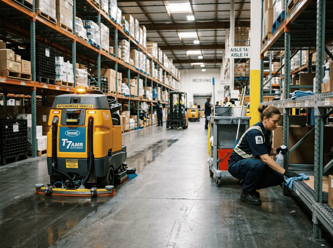 Autonomous scrubber in warehouse Autonomous scrubber in warehouse