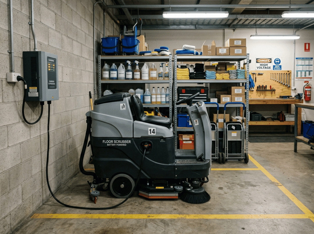 Battery powered floor scrubber charging Battery powered floor scrubber charging