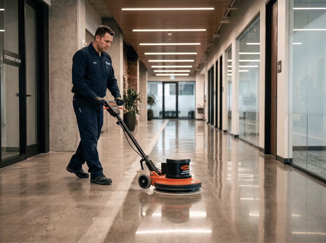 Burnisher polishing floor to high gloss shine Burnisher polishing floor to high gloss shine