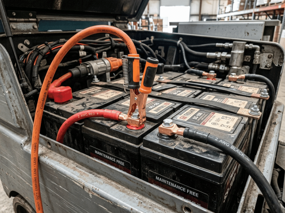 Charging a floor scrubber battery bank Charging a floor scrubber battery bank