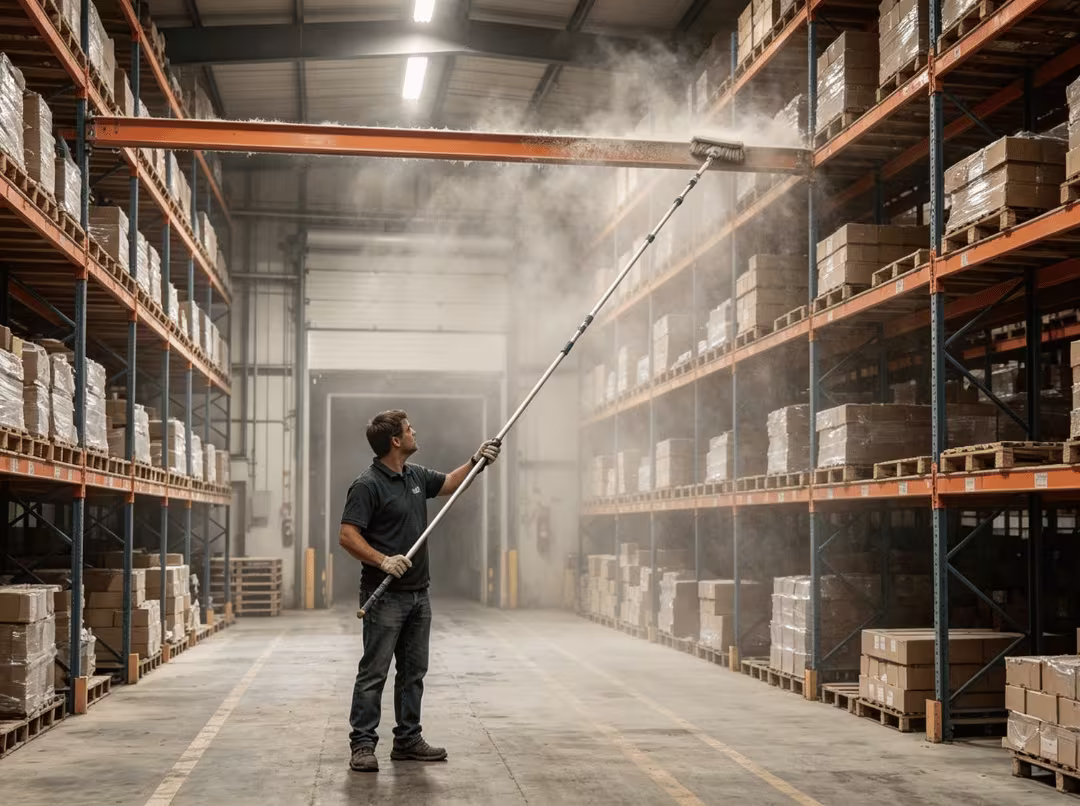 Cleaning dust from warehouse racks Cleaning dust from warehouse racks