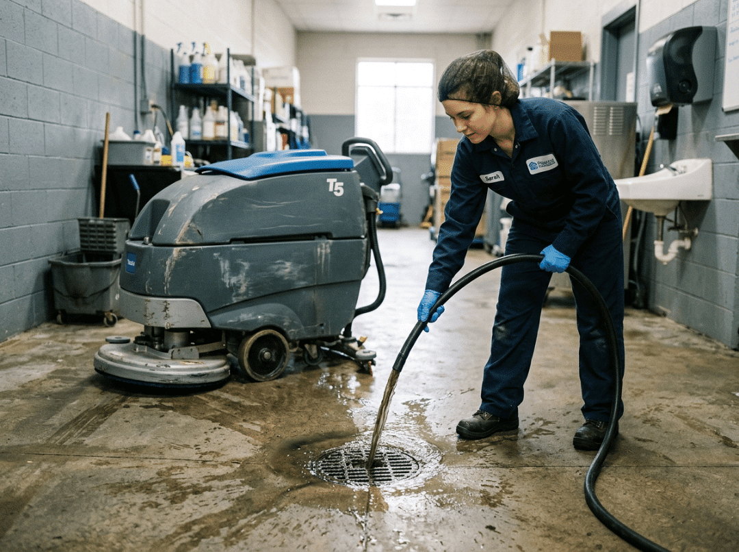 Draining a floor scrubber recovery tank Draining a floor scrubber recovery tank