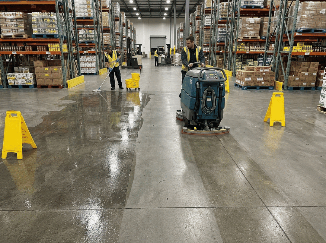 Dry floor after scrubber cleaning Dry floor after scrubber cleaning