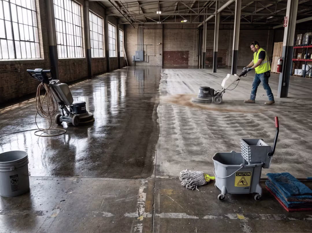 Floor buffer and burnisher used together during refinish Floor buffer and burnisher used together during refinish