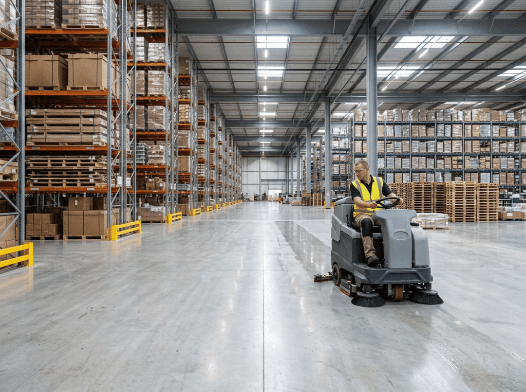 Floor scrubber in warehouse Floor scrubber in warehouse
