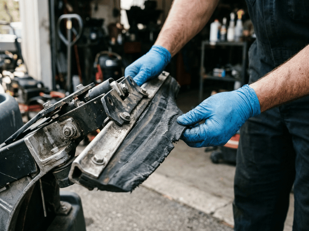 Inspecting a worn squeegee blade for wear Inspecting a worn squeegee blade for wear