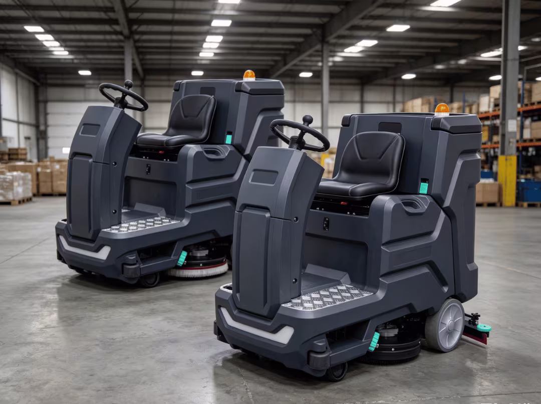 Ride on floor scrubber cleaning a warehouse floor Ride on floor scrubber cleaning a warehouse floor