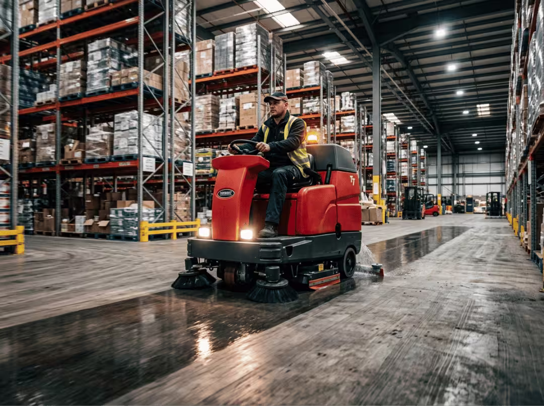 Ride on floor scrubber cleaning warehouse aisle Ride on floor scrubber cleaning warehouse aisle