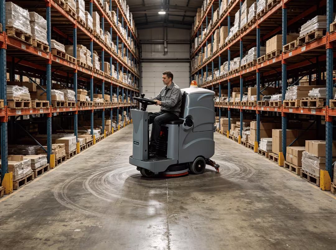 Ride on scrubber turning in aisle Ride on scrubber turning in aisle