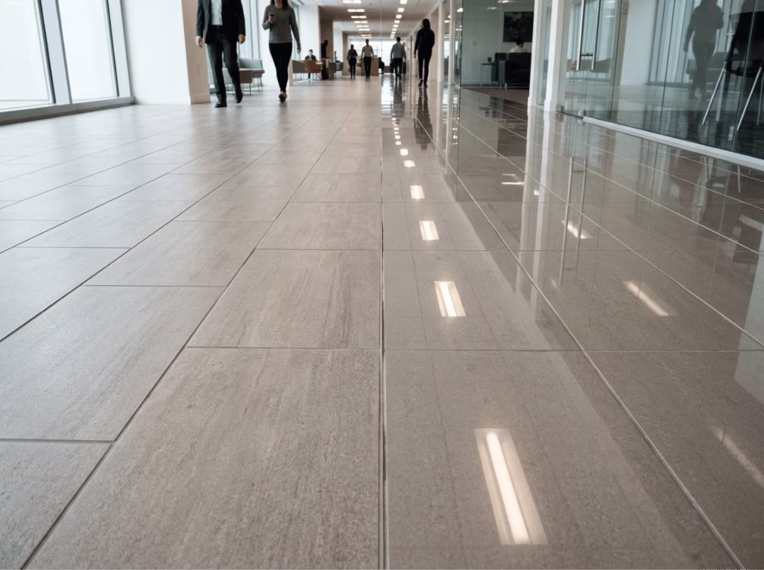 Satin buffed floor next to glossy burnished floor Satin buffed floor next to glossy burnished floor