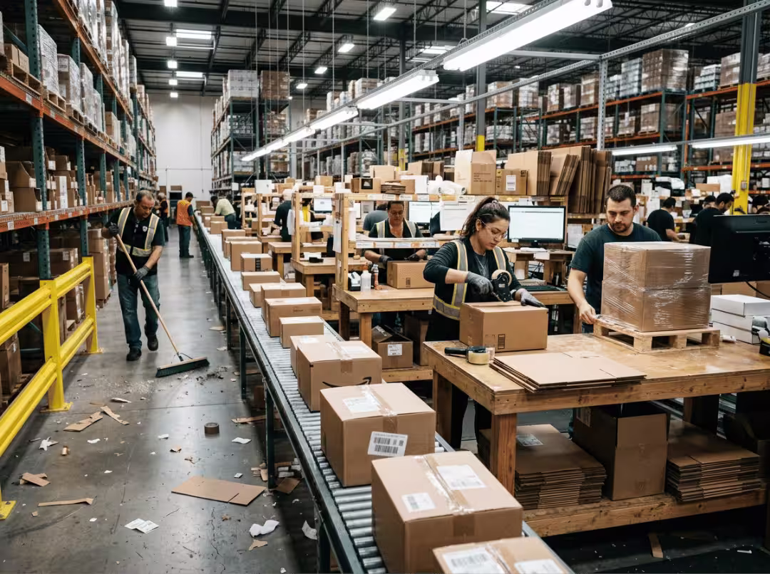 Warehouse pick and pack area with packing tables Warehouse pick and pack area with packing tables