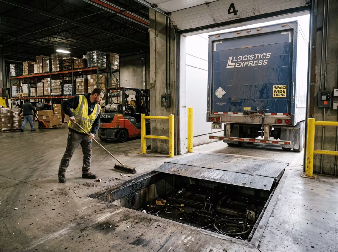 Worker sweeping warehouse loading dock near trailer Worker sweeping warehouse loading dock near trailer