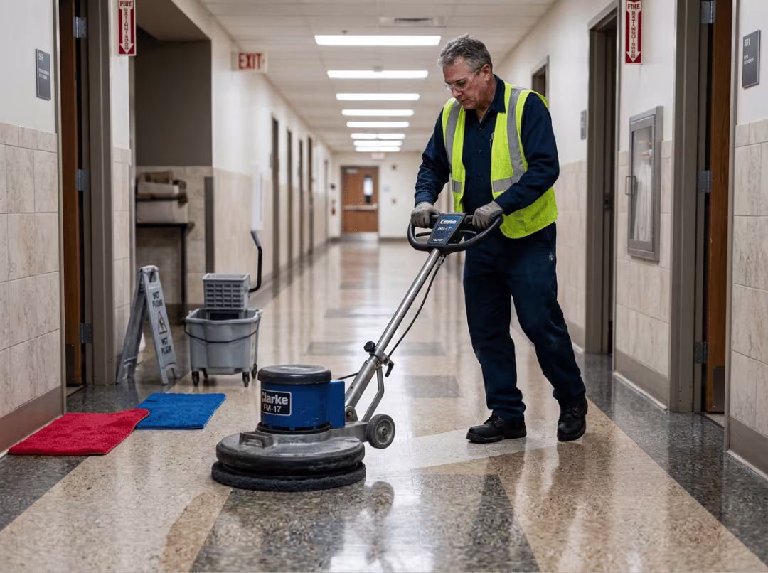Worker using floor buffer with colored pads Worker using floor buffer with colored pads