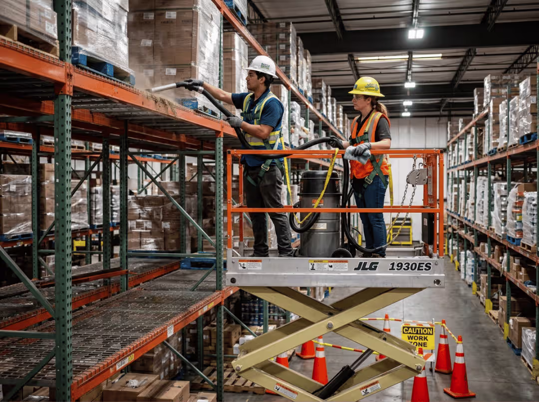 Workers on lift cleaning dust from high racking Workers on lift cleaning dust from high racking
