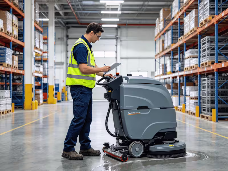 Facility manager evaluating a floor scrubber in warehouse