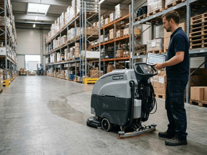 Facility manager reviewing floor scrubber ownership costs