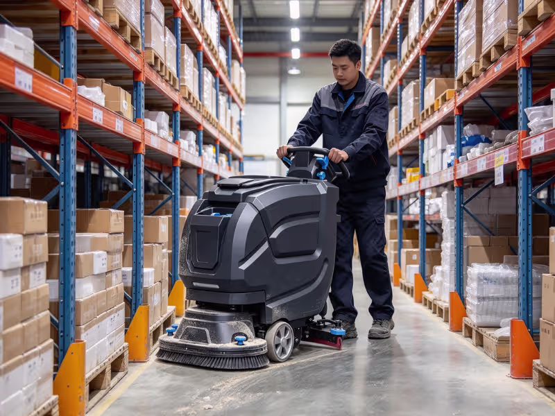 Floor sweeper in narrow aisle Floor sweeper in narrow aisle