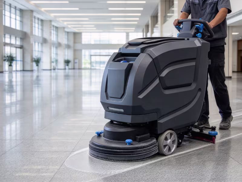 Walk behind floor scrubber cleaning a commercial floor