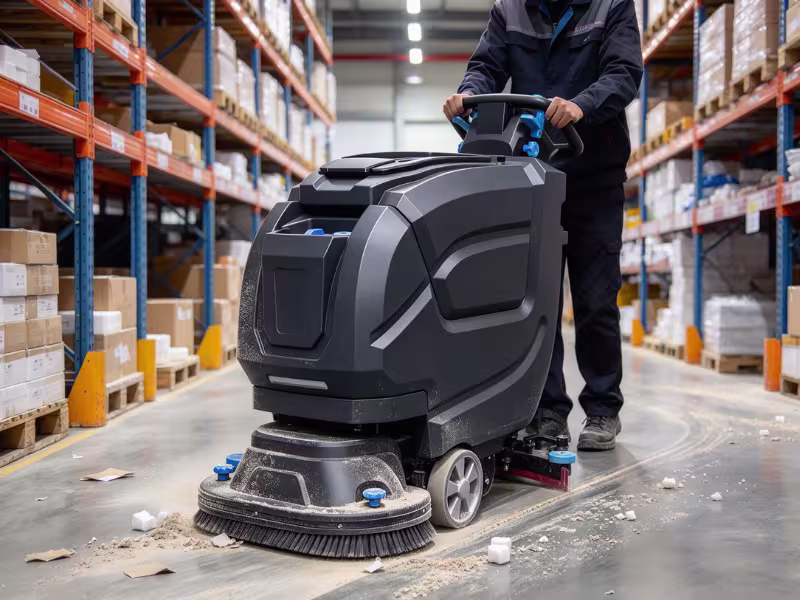 Walk behind floor sweeper in warehouse