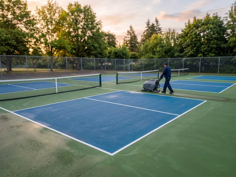 Walk behind scrubber cleaning outdoor pickleball courts